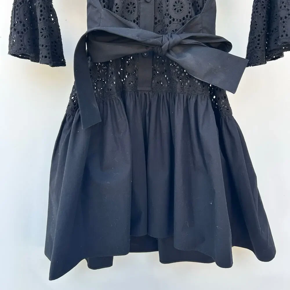 New Derek Lam 10 Crosby Black Eyelet Lace Belted Mini Dress Small 2 Chic